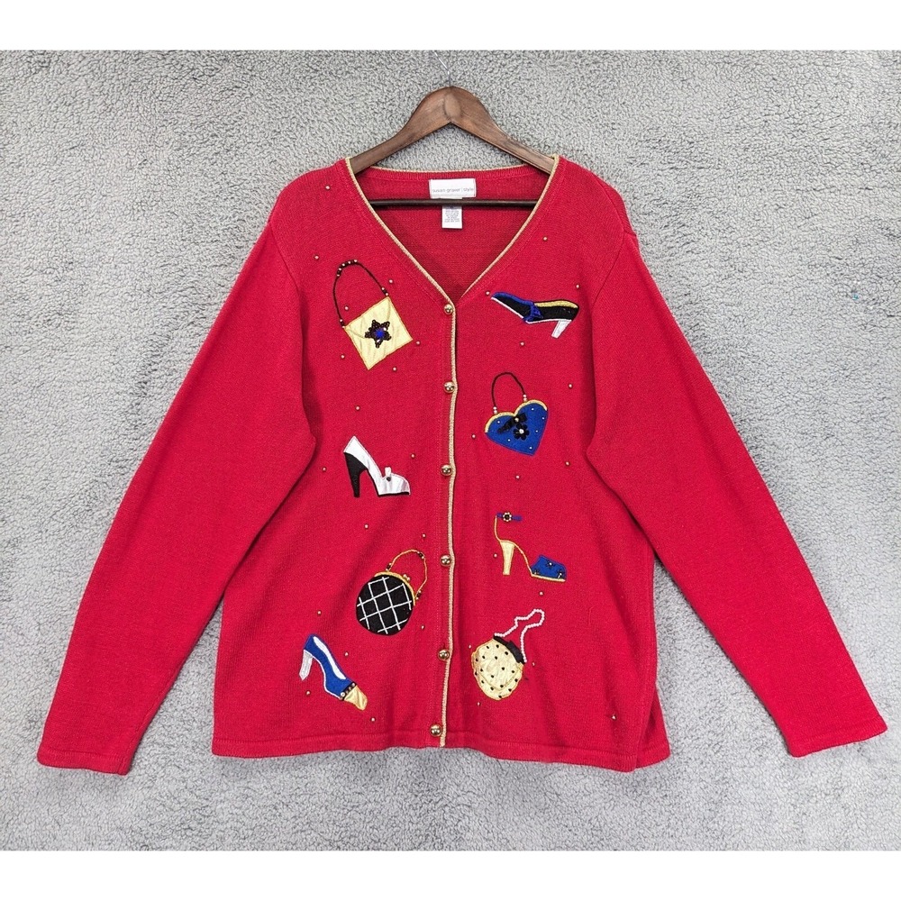 Susan Graver Style Red Novelty Cardigan Sweater Shoes Handbags XL Ramie Cotton